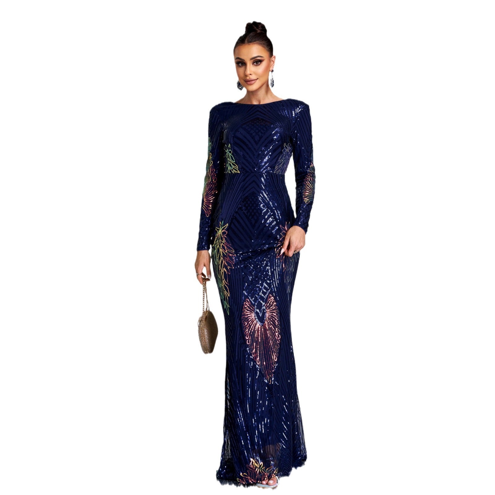 Manches longues Temperament Col d'équipage Sexy Long Sequined Banquet Robe de soirée