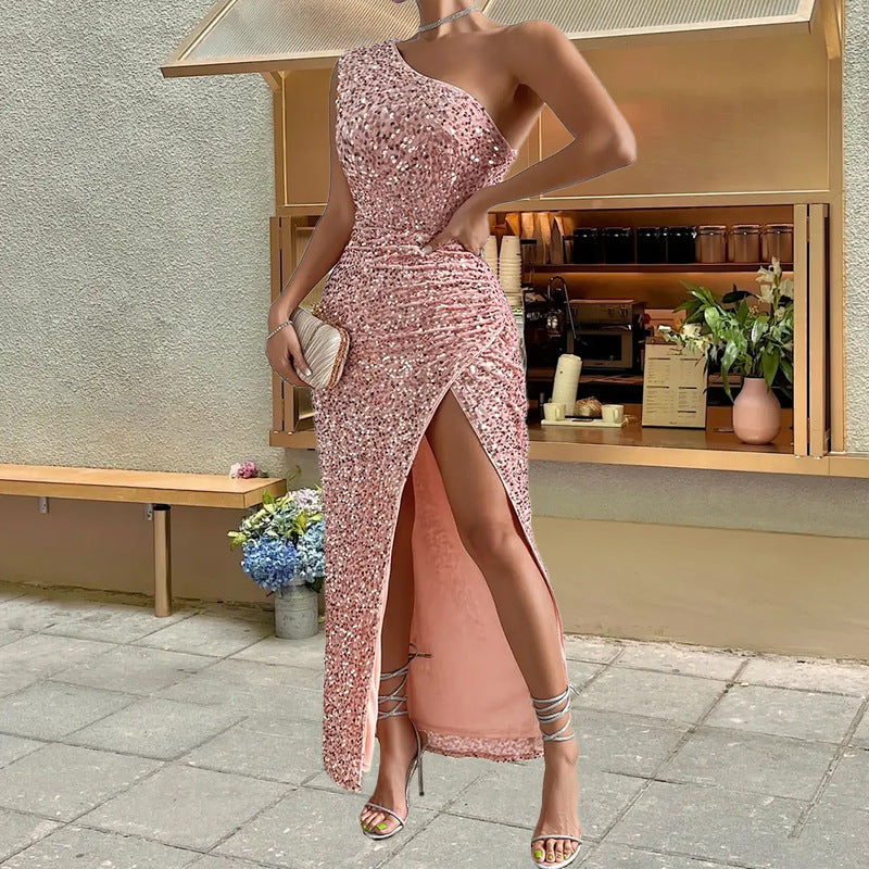 Élégant Épaule à paillettes Split Robe Solide Couleur Slim Club Robe de fête Casual Asymétrique