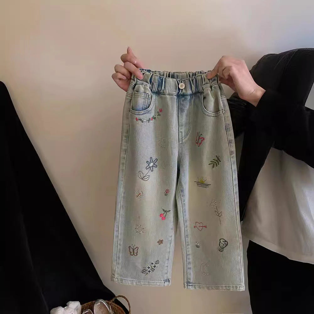 Mode de filles personnalisé brodé droit Jeans