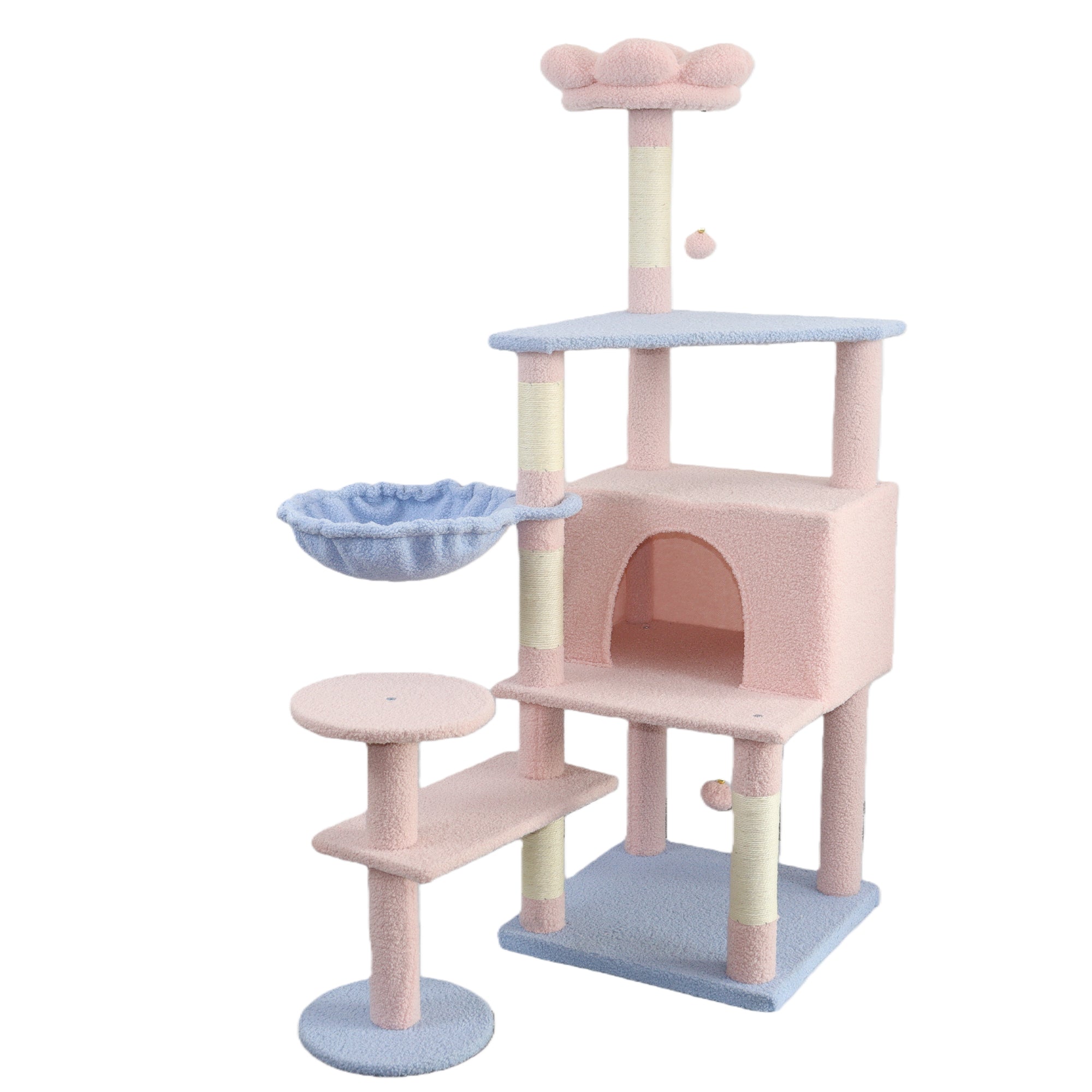 Arbre de chat fleur avec grand condo coussin de fleur amovible et hamac rose