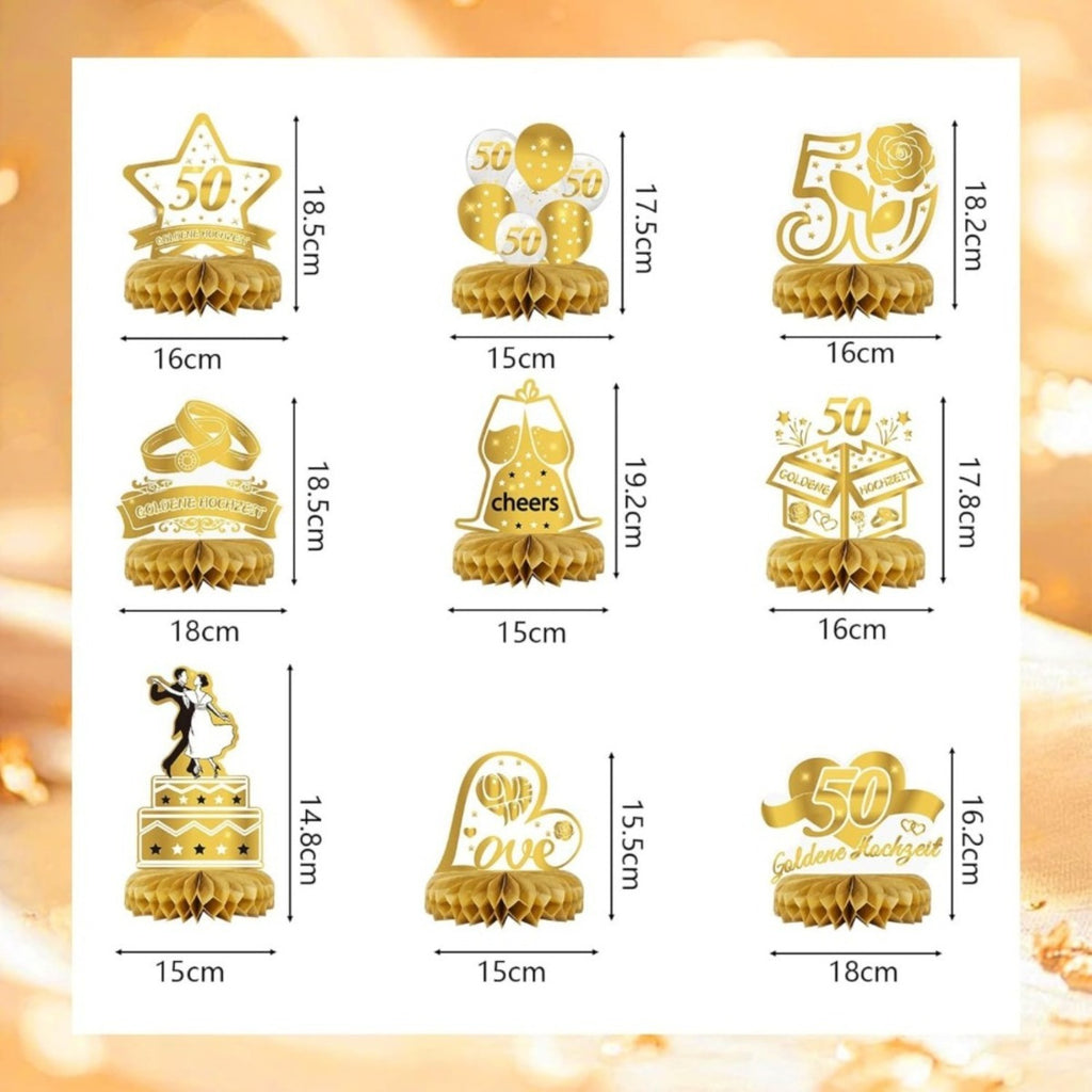 Décorations d'anniversaire de mariage d'or 50e - Ensemble de décoration en nid d'abeille couleur or pour Fe