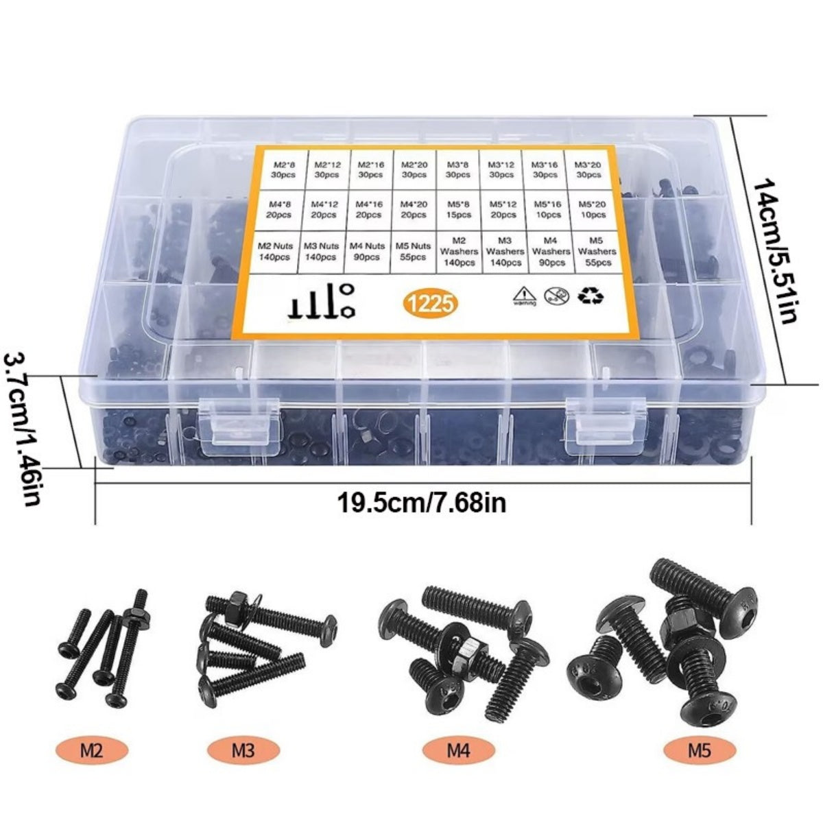 1225pcs Acier inoxydable Vis hexagonales et boulons de chaussettes Ensemble d'écrous assortis M2 M3 M4 M5