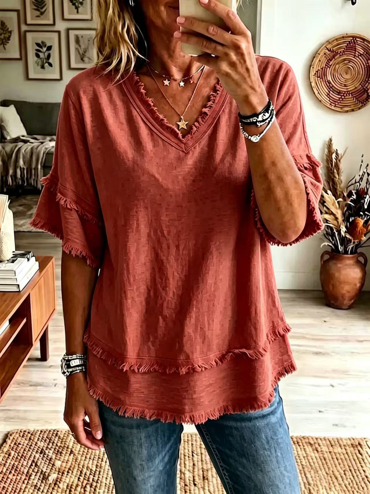 Chemise casual femme V-Neck manches courtes Loose Fit Pure Color Summer Fashion Pullove