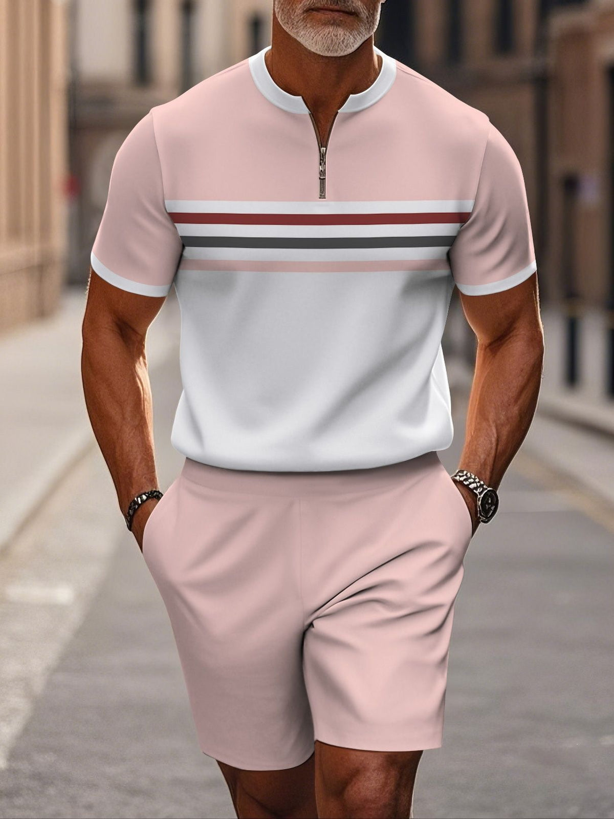 Shorts Zip en col mandarin et manches courtes pour hommes