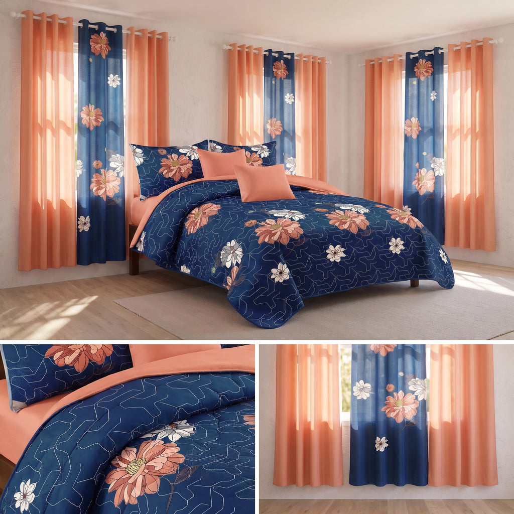 Couche de lit et rideau 9 piece bleu profond et rouge Floral