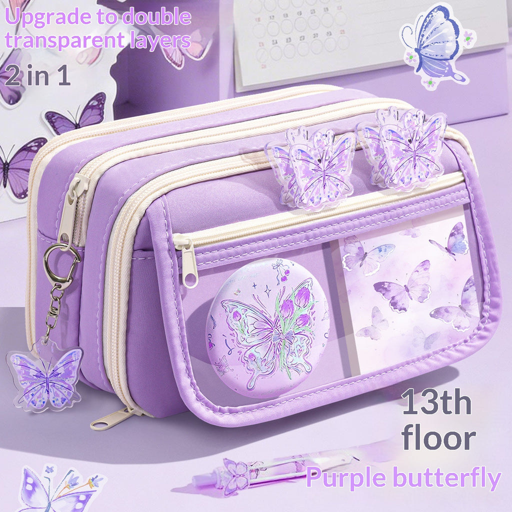 Ensemble de boîtier en crayon violet papillon de grande capacité