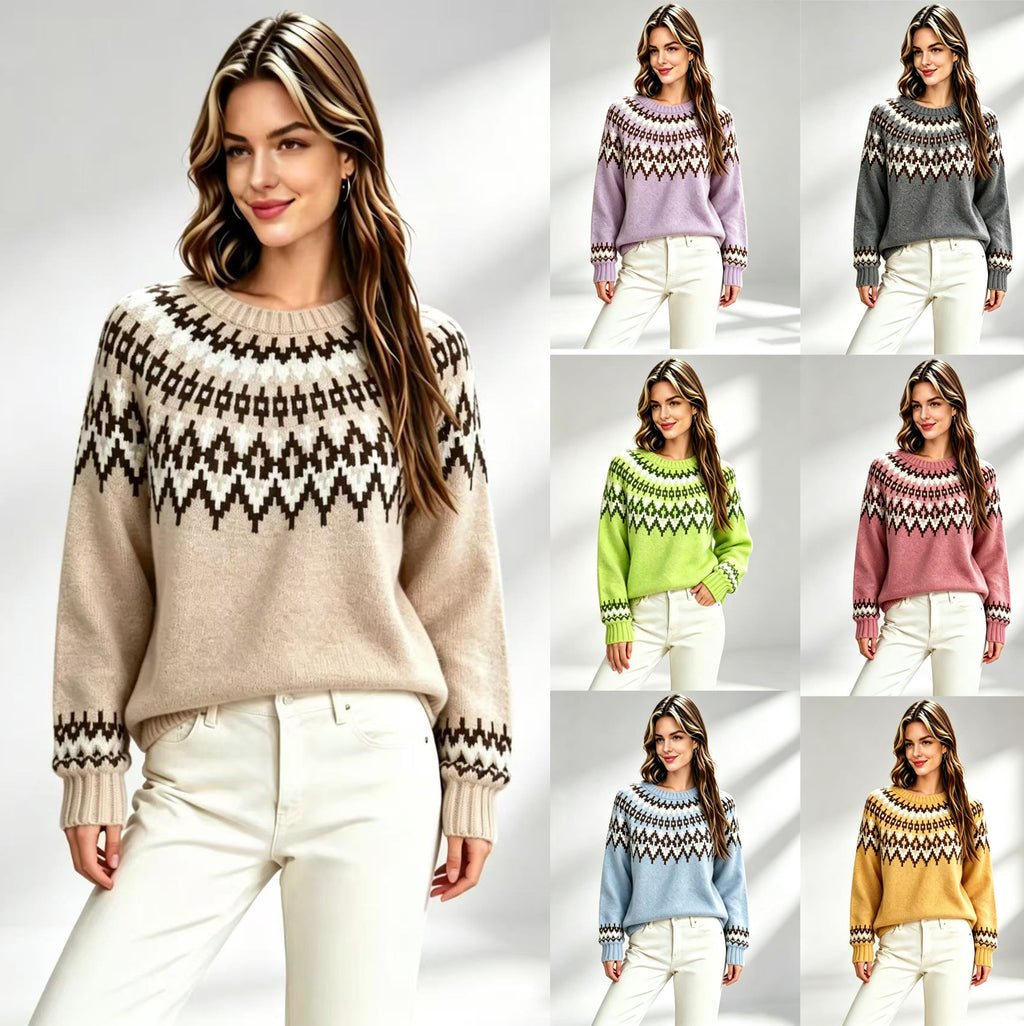 Femmes Retro Fair-Isle Knit Crew-Neck Sweater