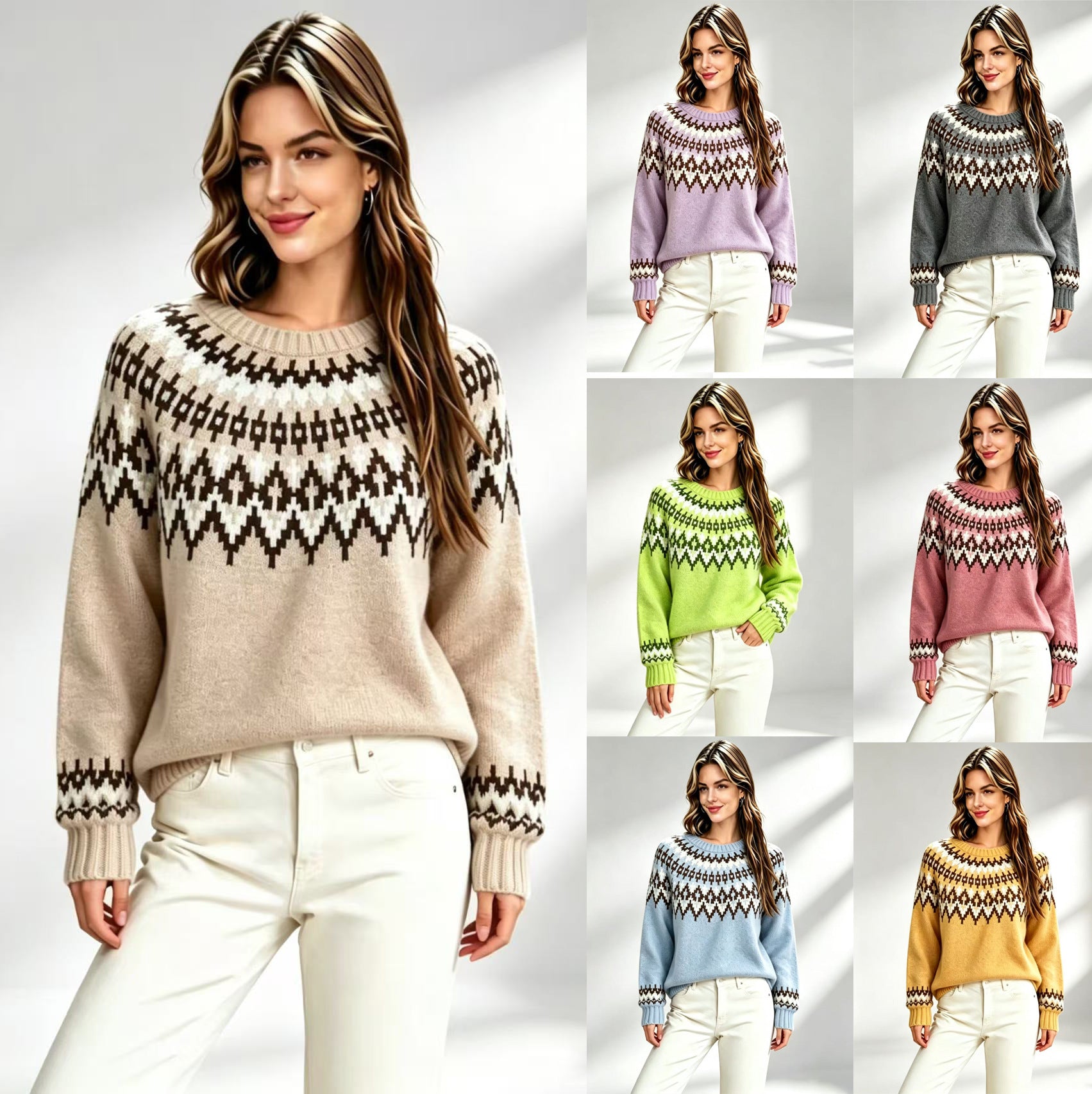 Femmes Retro Fair-Isle Knit Crew-Neck Sweater