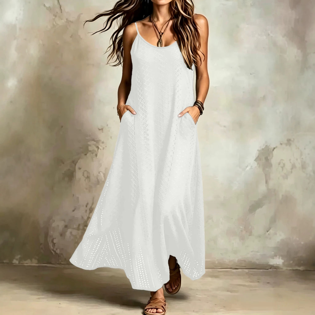 Style vacances bohème Solide couleur Spaghetti Sangle V-Neck Robe de femme avec un paresseux et R