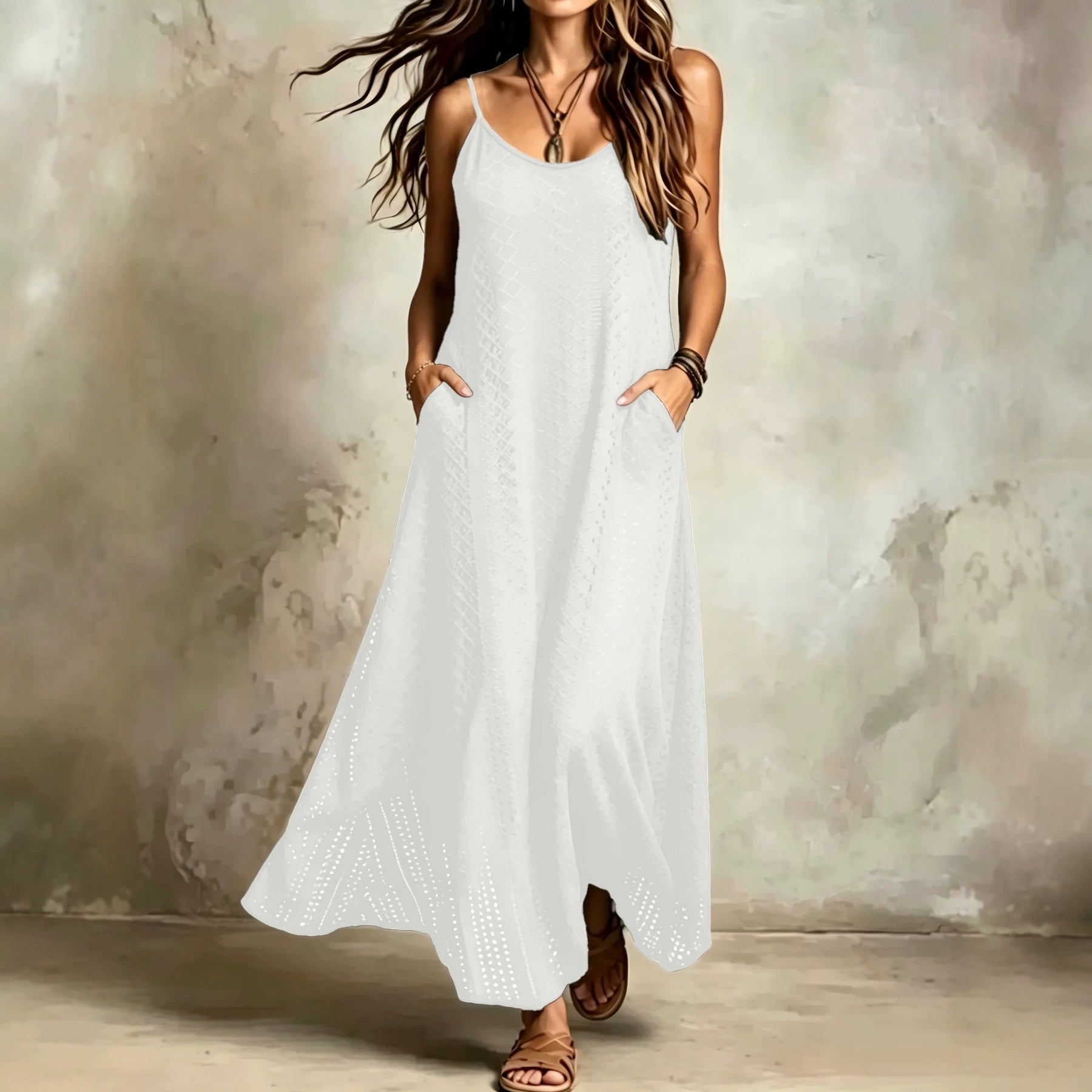 Style vacances bohème Solide couleur Spaghetti Sangle V-Neck Robe de femme avec un paresseux et R