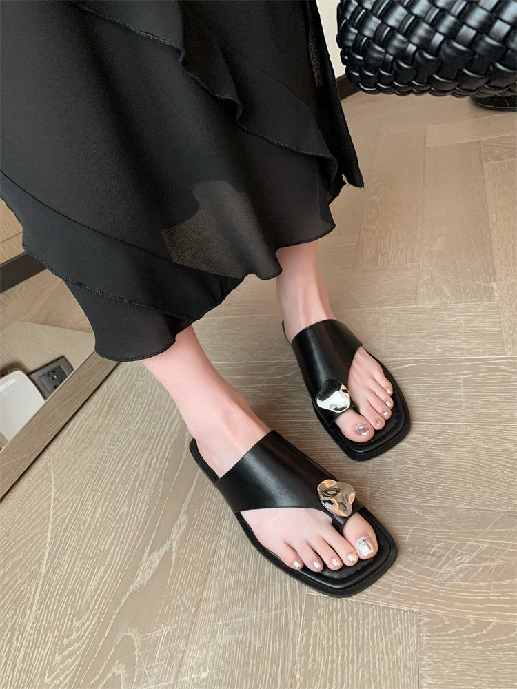 Femmes Minimalist Irrégulier métal Buckle Square Toe String Sandales coulissantes