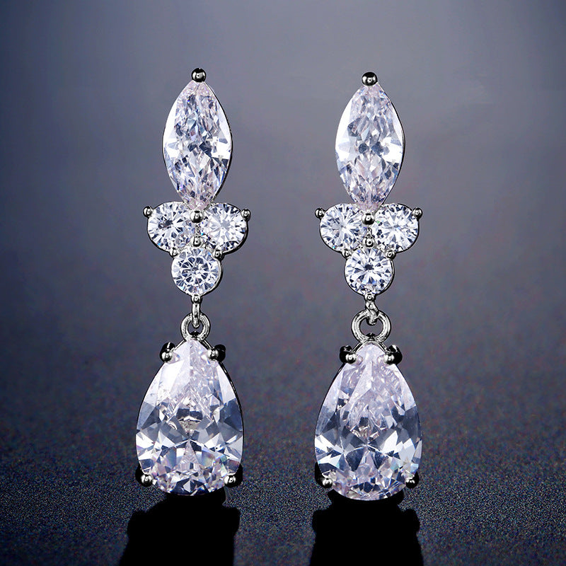 Women Floral Cluster Teardrop Drop Earrings, Clear Cubic Zirconia Rhodium Plated Bridal Wedding Ear Jewelry