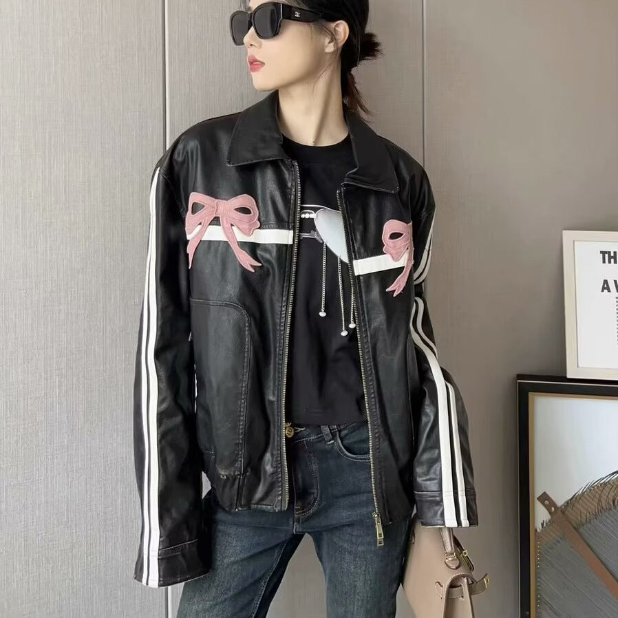 Veste en cuir pour femmes Bow-Knot Zipper