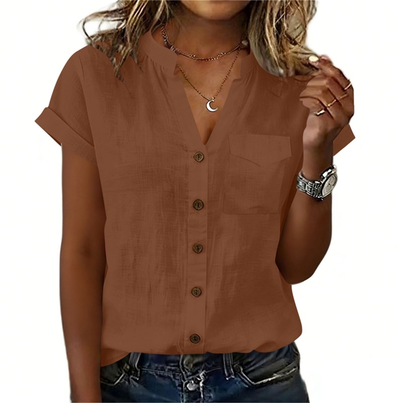 Chemise à manches courtes Elegant Solid Couleur pour femme avec poches