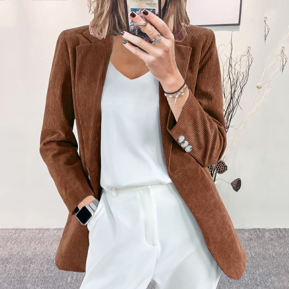 Femme Corduroy Blazer d'hiver d'automne - Elégant Slim-Fit Solid Couleur Veste Casual Workwear