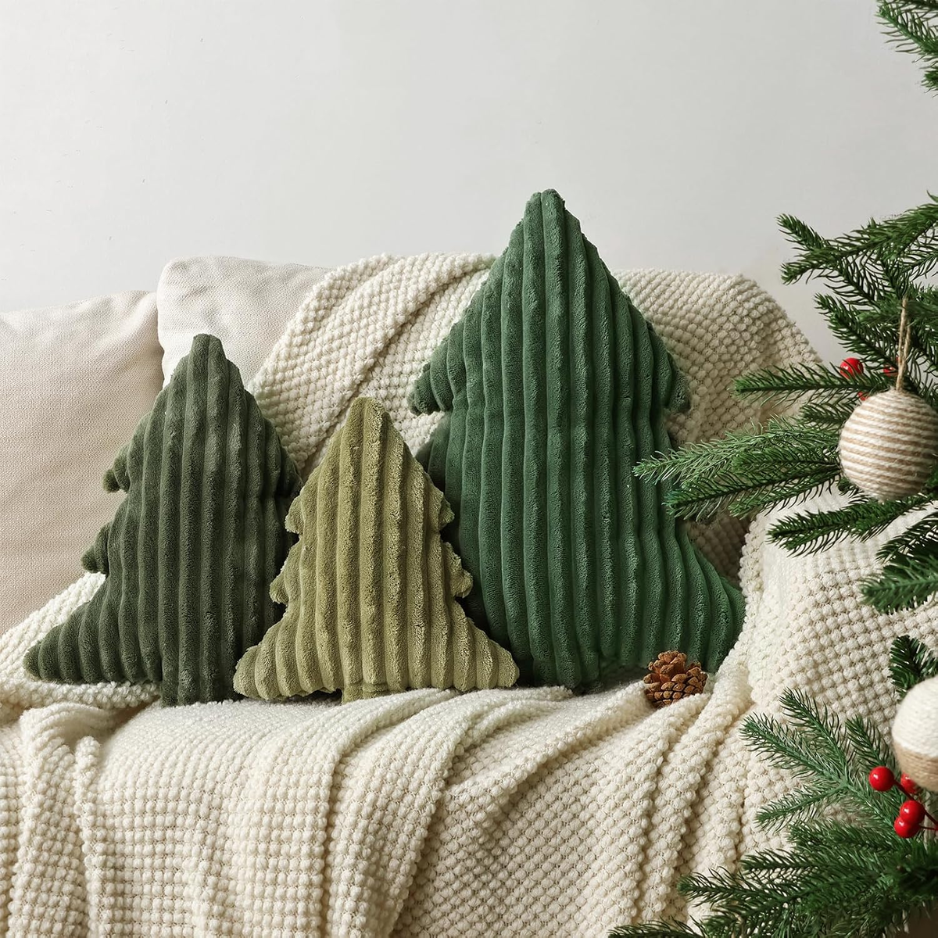 Décorations de Noël Oreillers en peluche en velours vert doux Arbre de Noël en forme d'oreiller