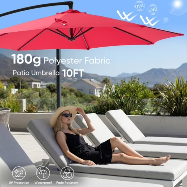 Parapluie extérieur de patio suspendu de 10 pieds avec support de base roté et tilt