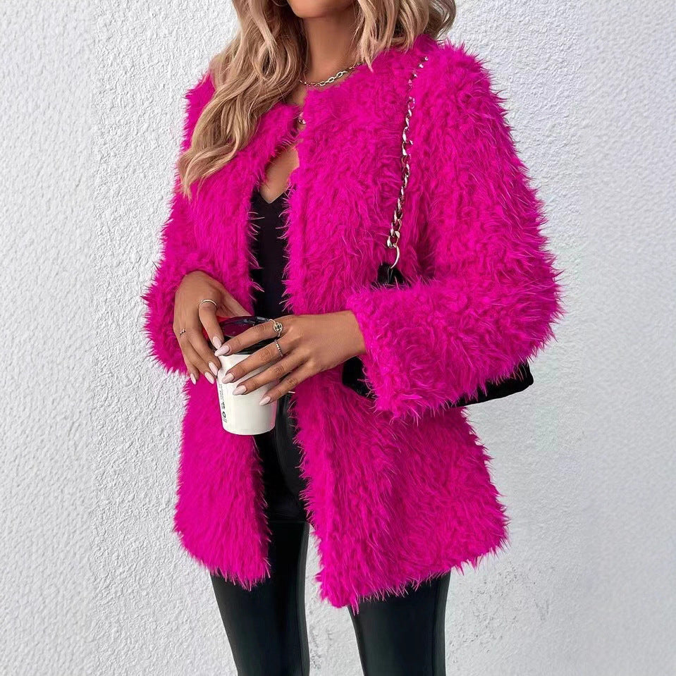 Cardigan rouge d'automne Coat fluffy couleur solide