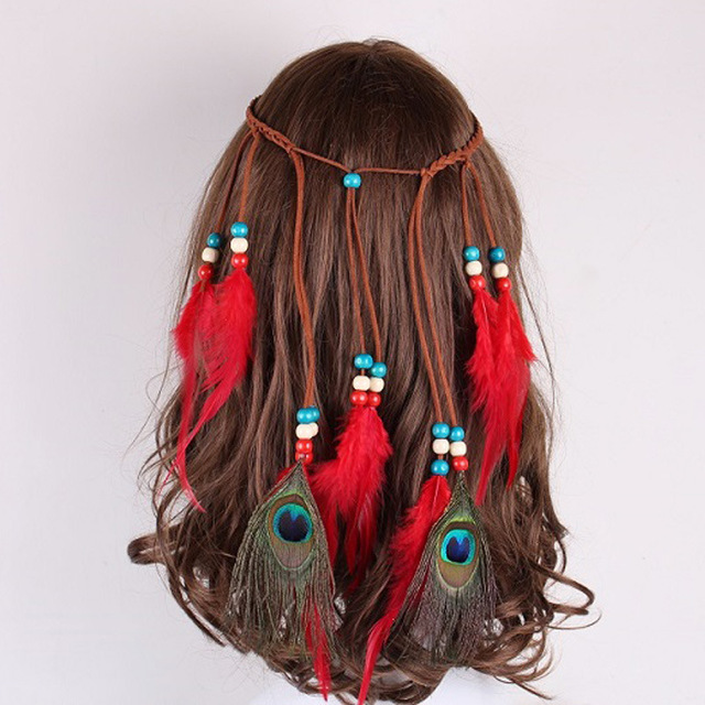 Peacock plume corde en cuir pendentif cheveux ornement