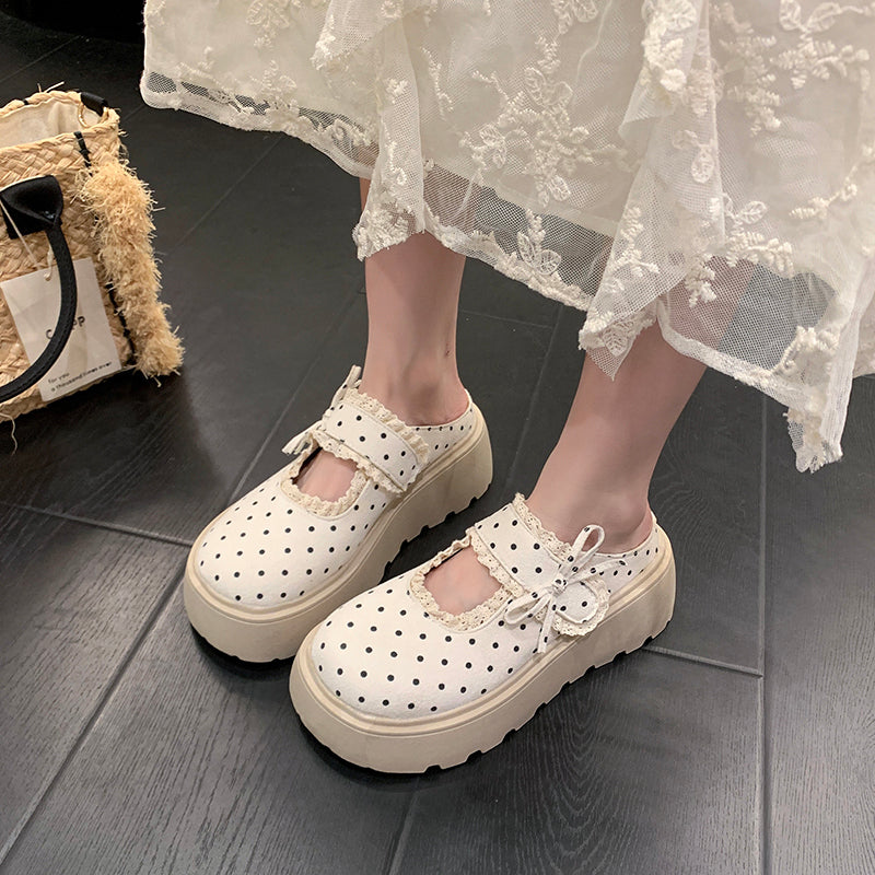Femmes Sweet Lolita Polka Dot Dentelle Trim Platform Mule Flats Matching Daily