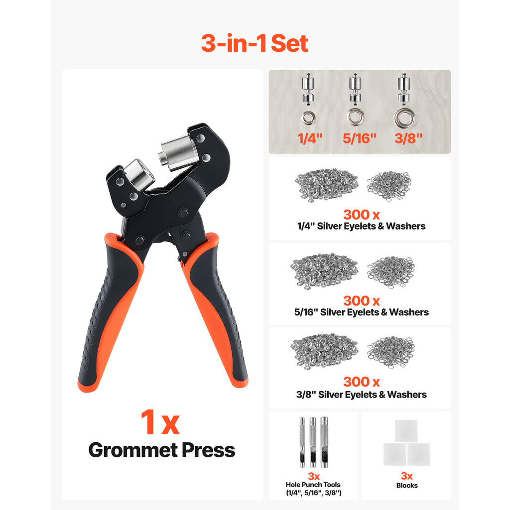 Kit d'outils Grommet 1/4" 5/16" 3/8" 900 PCS Grommets Eyelet Tool Kit