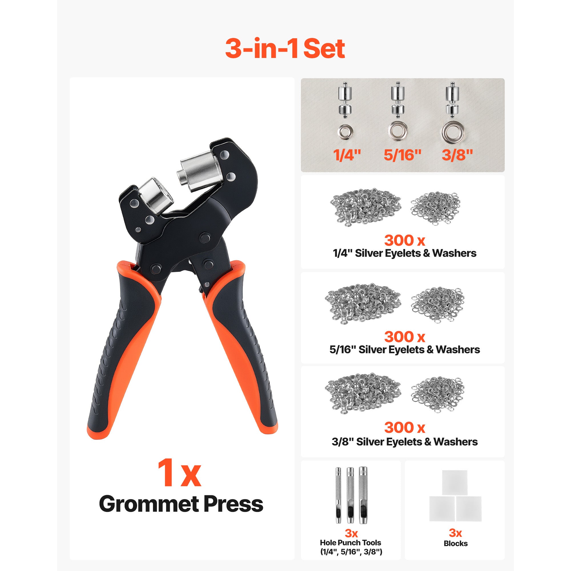 Kit d'outils Grommet 1/4" 5/16" 3/8" 900 PCS Grommets Eyelet Tool Kit