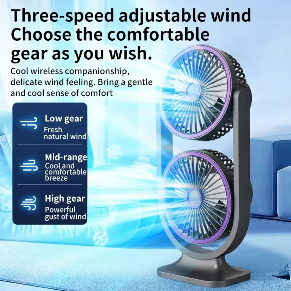 5 engrenage ventilateur de bureau double tête USB rechargeable faible bruit ventilateur de bureau double nuit lumière I