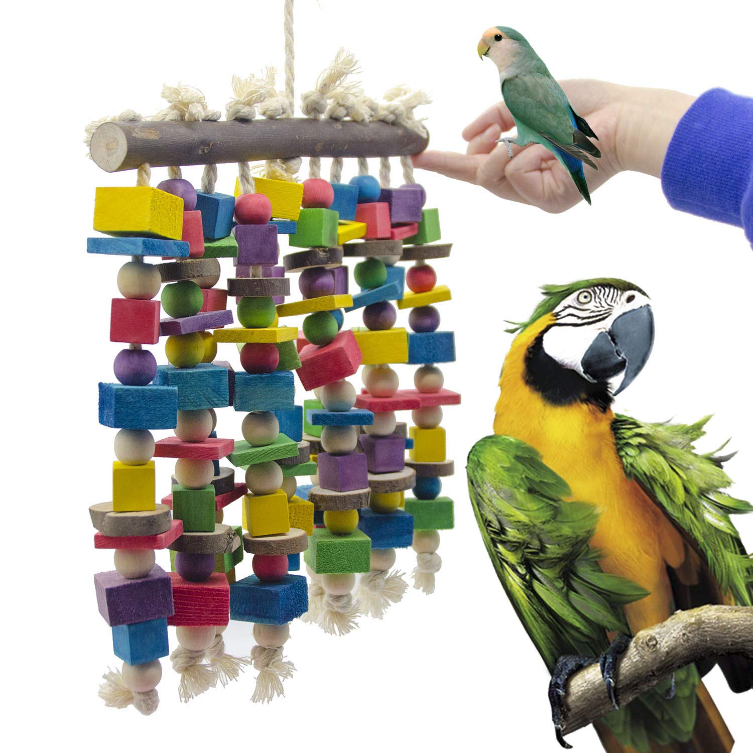 Jouet perroquet à mâcher en blocs de bois naturel multicolores