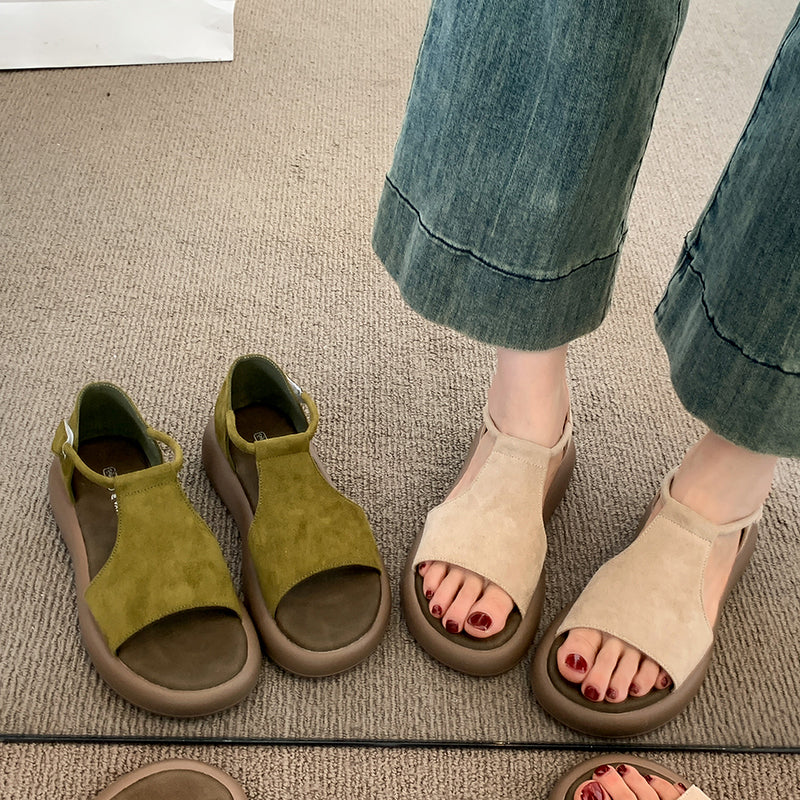 Femmes Retro Minimalist Large T-Panel Slingback Platform Sandales Matching Casual Daily Vacat