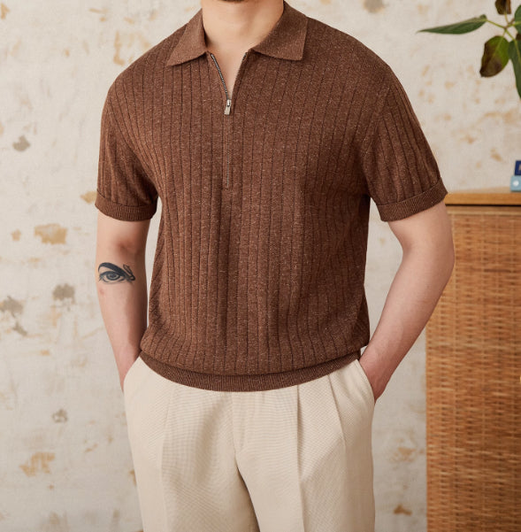 Linge Blend Lapel Zipper Sunken Stripe Manche courte