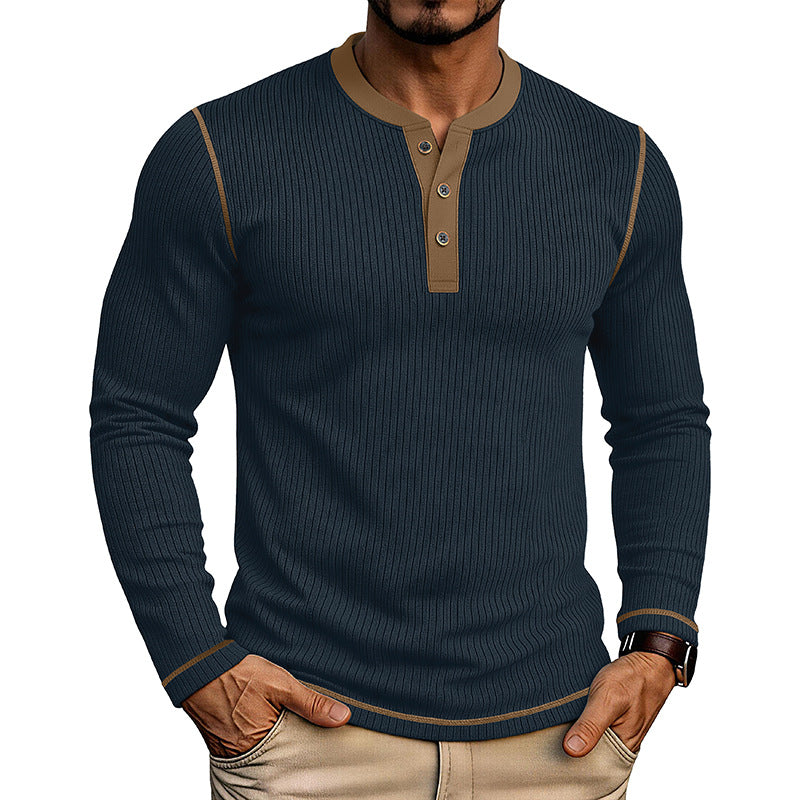 T-shirt manches longues pour hommes avec un chandail Henley bloqué en couleur