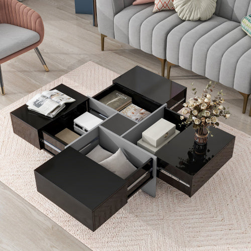 Table de café design unique avec 4 compartiments de rangement cachés