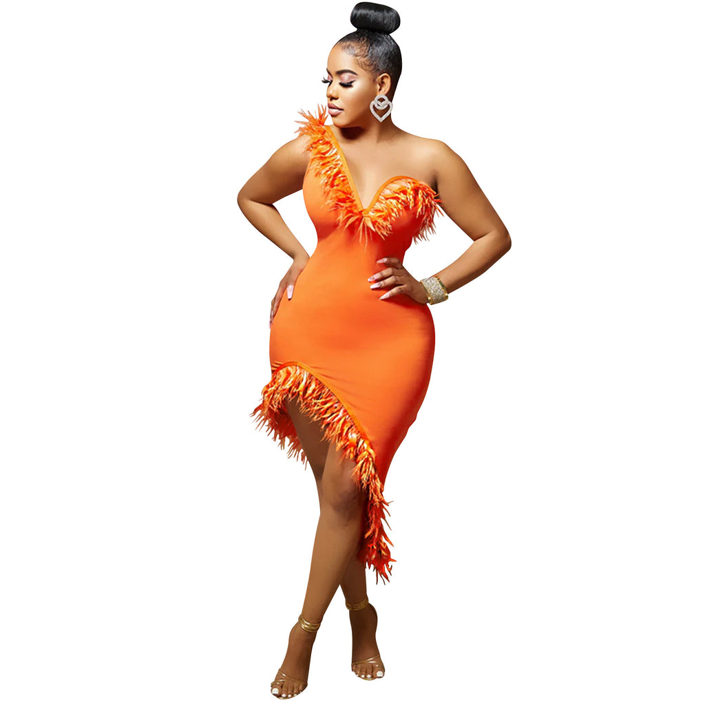 Robe sans manches sans col en V à plumes de poitrine Irrégulier Midi