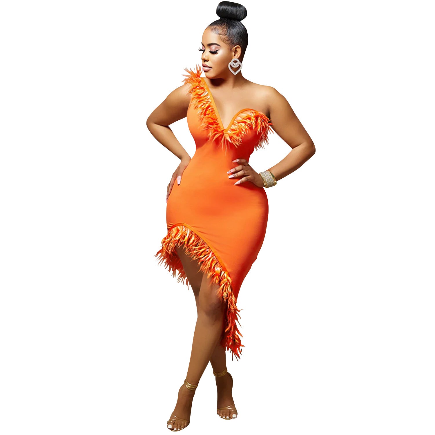 Robe sans manches sans col en V à plumes de poitrine Irrégulier Midi