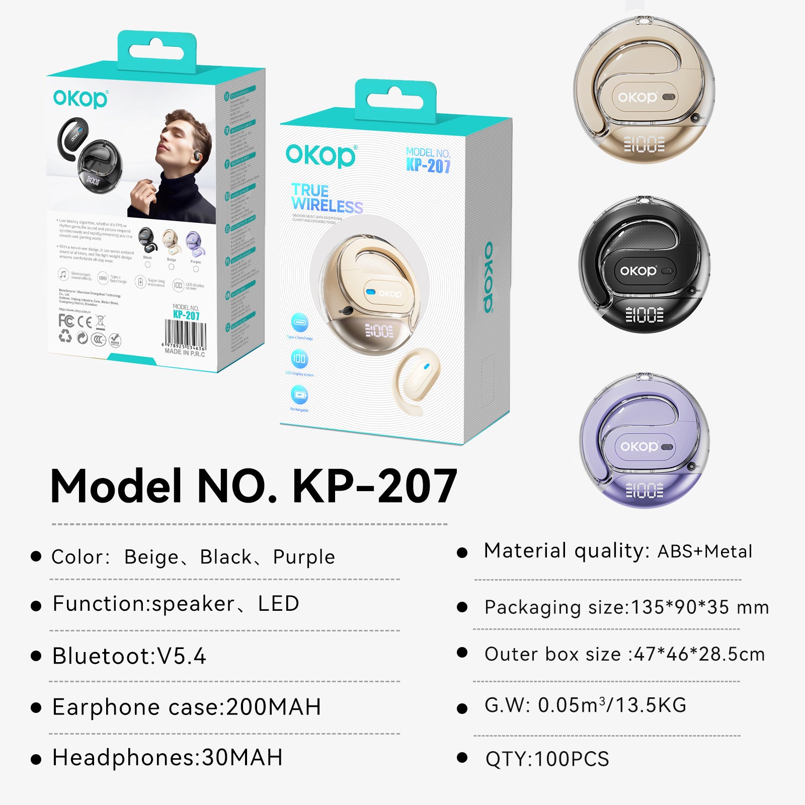 KP-207 Modèle sportif OWS Bluetooth d'écouteurs d'oreilles avec affichage numérique Non