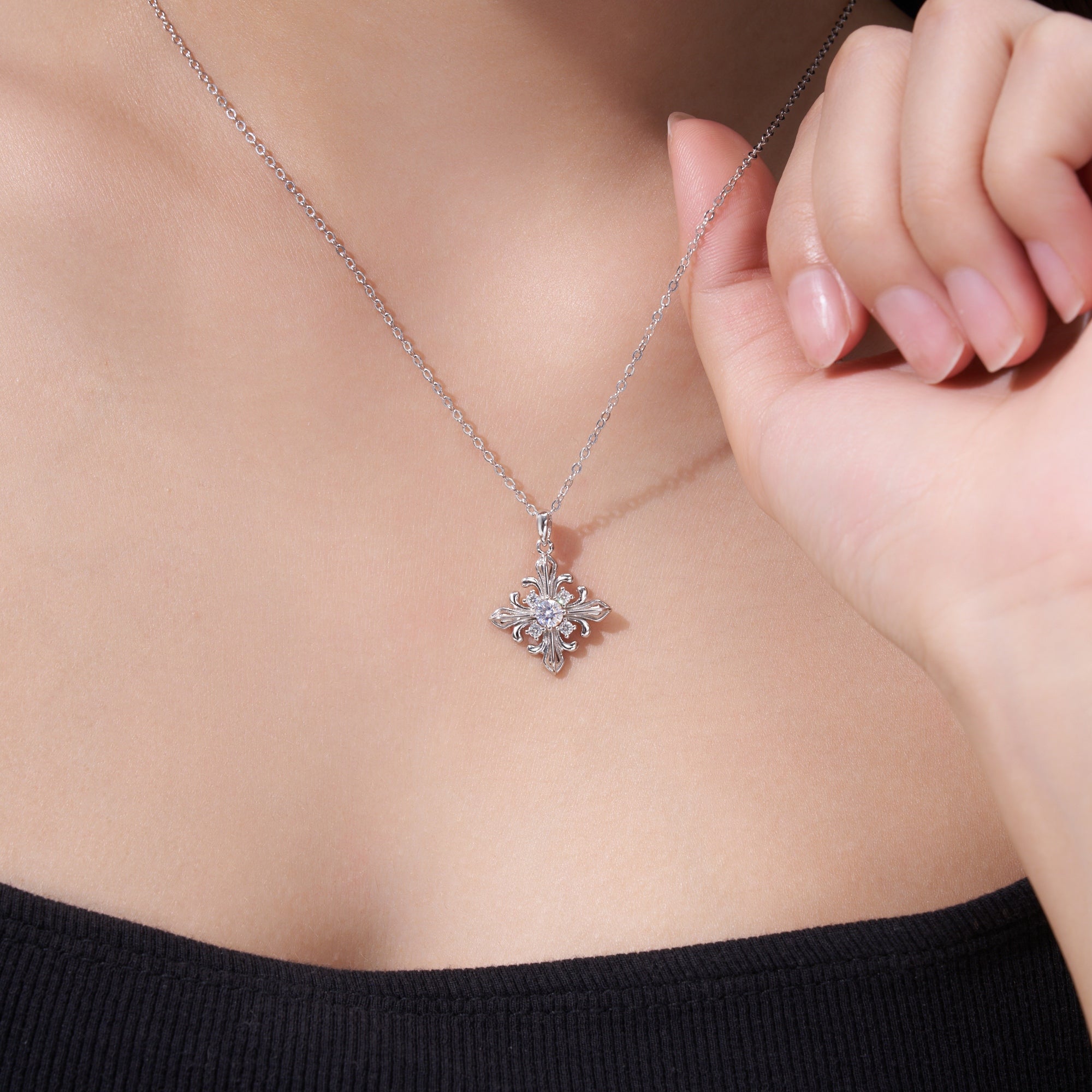 S925 Argent Sterling 0.3ct D Couleur VVS1 Moissanite Croix Pendentif Fleur Collier 40cm Plat