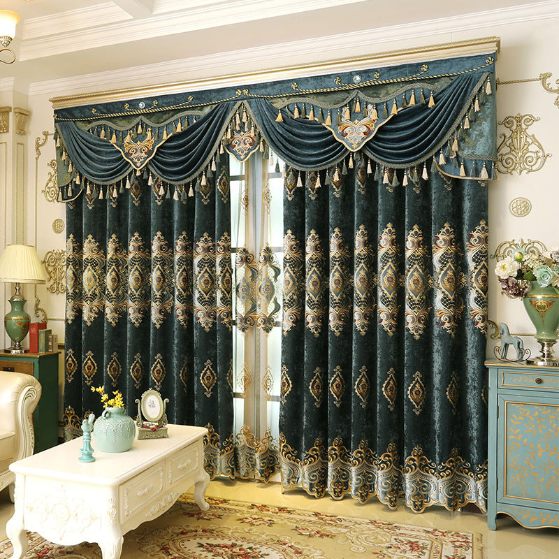 Embroidered Blue Chenille Curtains for Bedroom and Villa