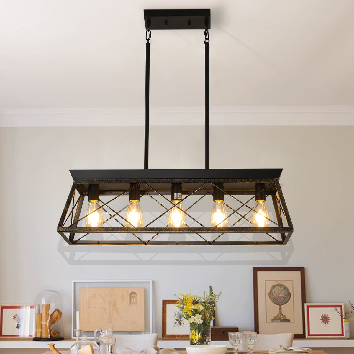32in Black or Industrial 5-Light Pendant Chandelier