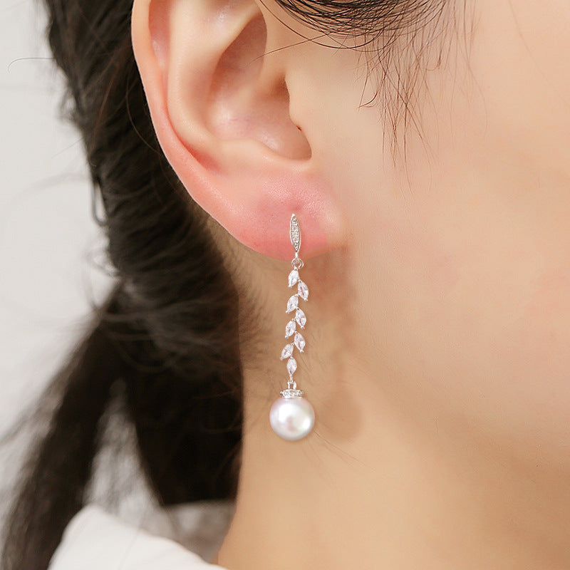 Women Marquise Leaf Tassel Drop Earrings, Simulated Pearl Rhodium Plated Long Dangle Ear Jewelry