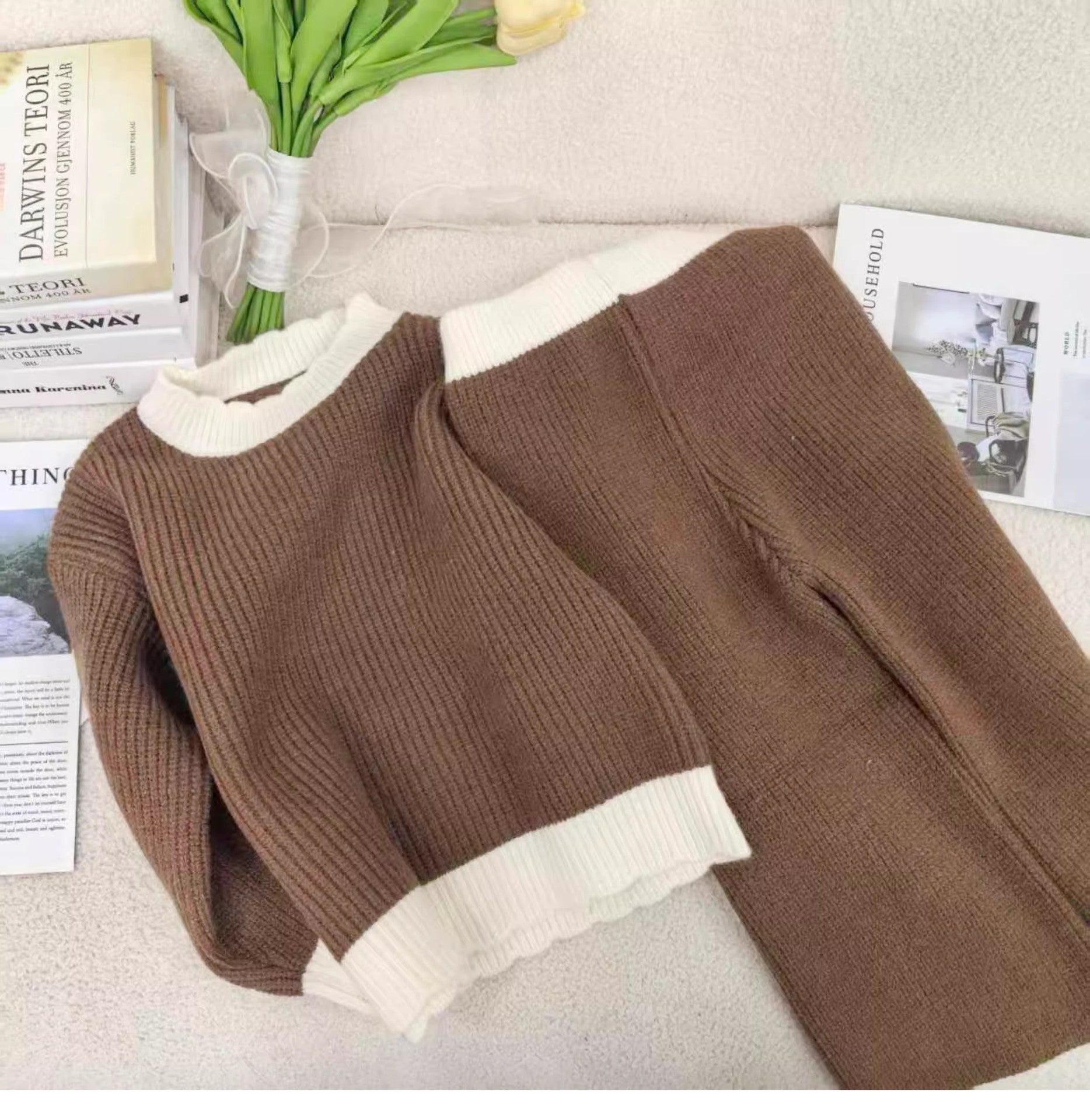 Set de sweater à volants chic tricoté top et pantalons occasionnels deux-pièces pour les enfants et Bab