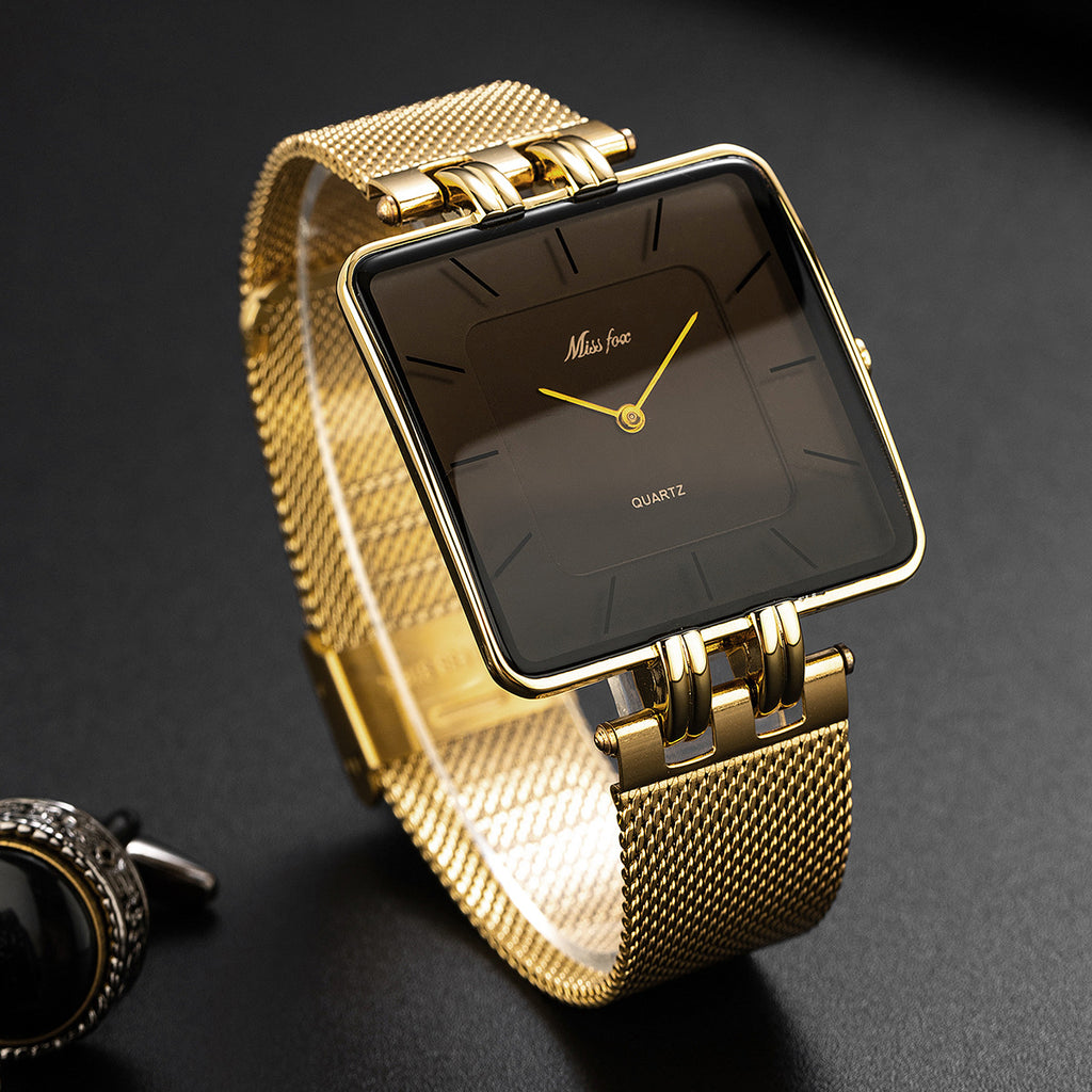 Classic Minimalist Square en acier inoxydable Mesh Band Montre Quartz