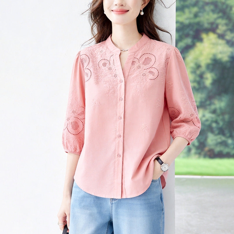 Blouse blanche à col V Manches à trois quarts Arrivée Coton pur