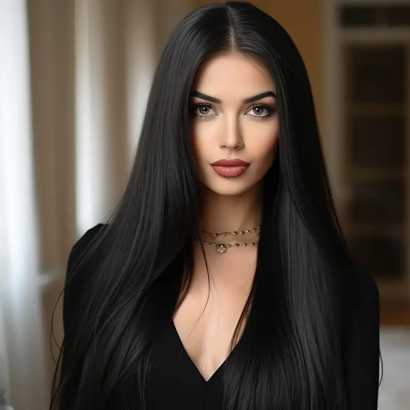 Mid-long Long Cheveux Noir Long Droit Style de perruque quotidienne pleine tête