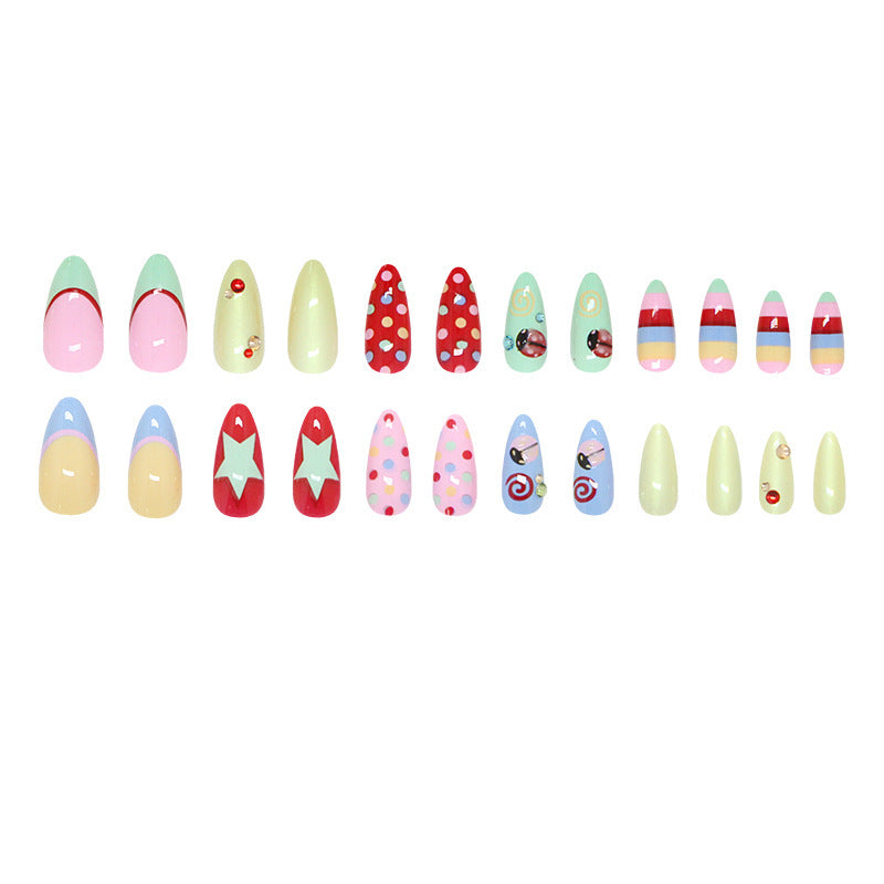 24-pièces en forme d'amande Dopamine Ladybug Français Polka-dot Nail Tipscute Sweet and Sparkling