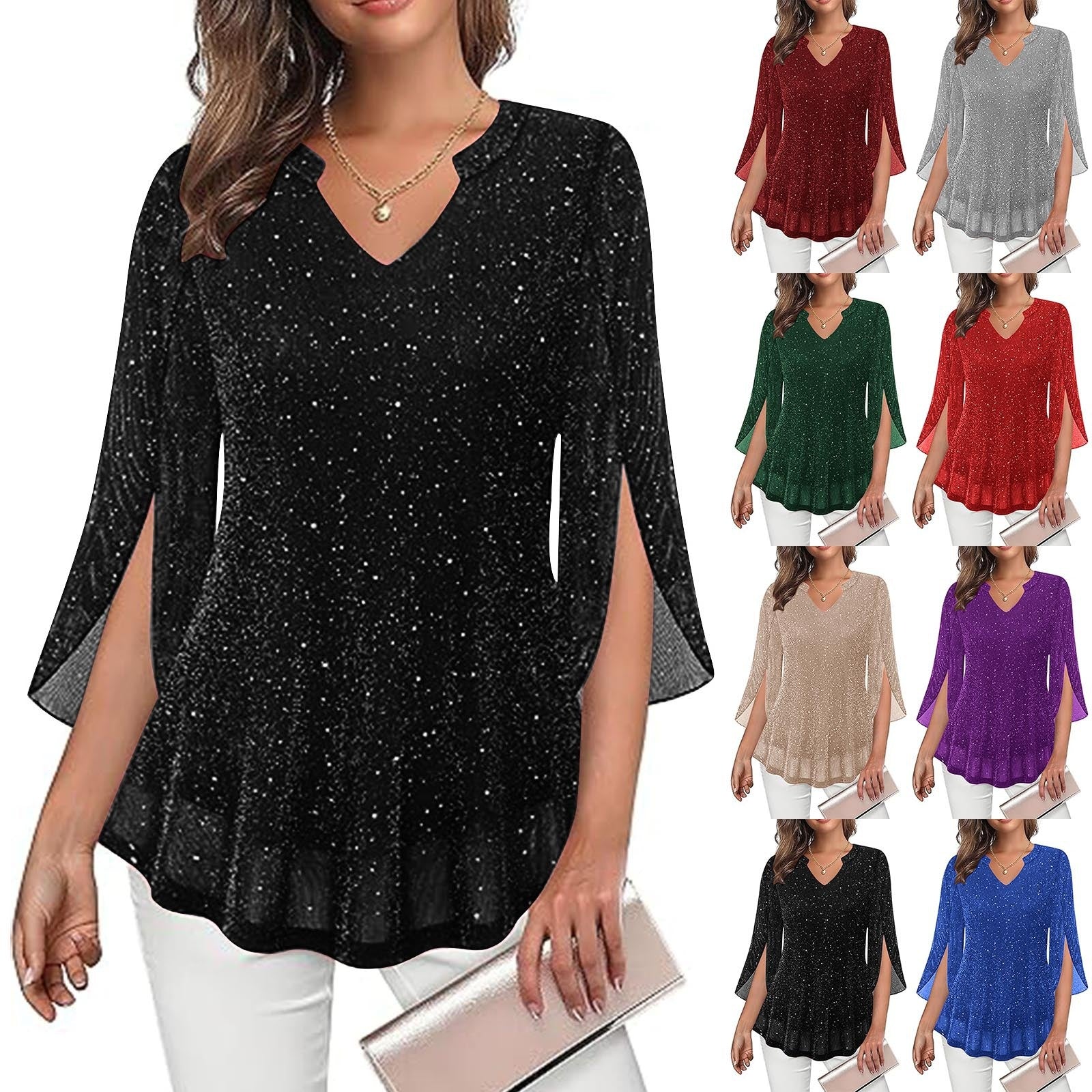 Croped Bell-Sleeve V-Neck Déplacement Top avec Double-Layer Silver-Thread Mesh