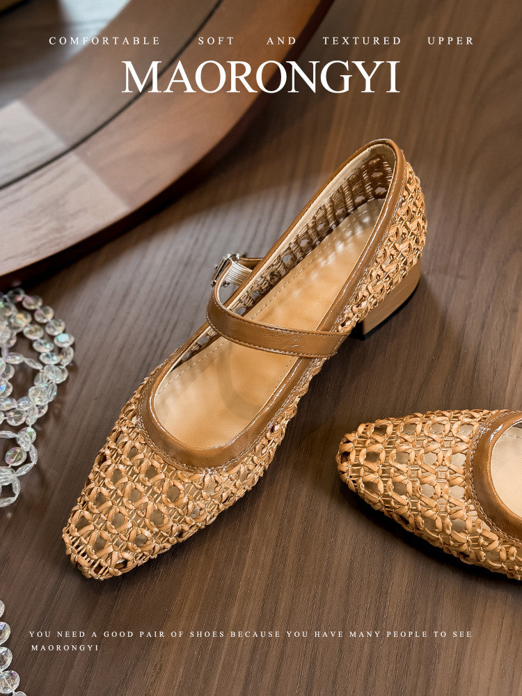 Retro Woven Hollow Respirant orteil carré talons Femmes simples Chaussures Summer One Strap