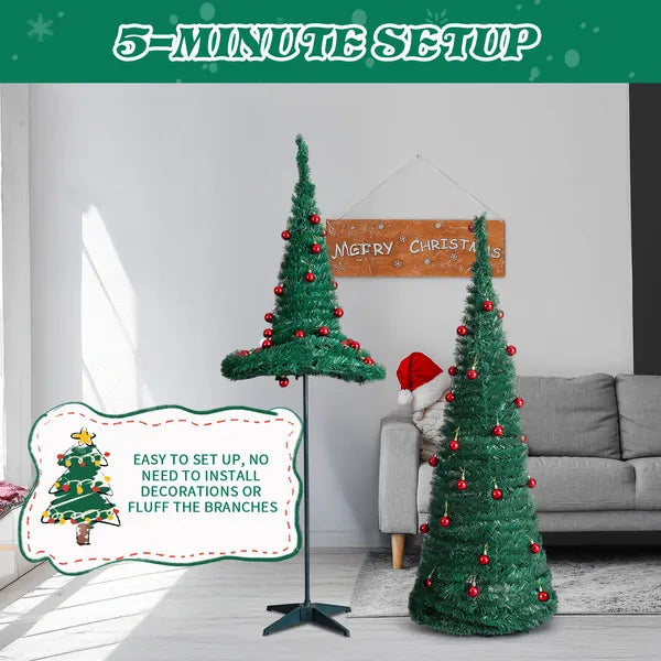 2 Pack, 6FT 5FT Arbre artificiel pop up de Noël avec des ornements de boules rouges pour la maison Offi