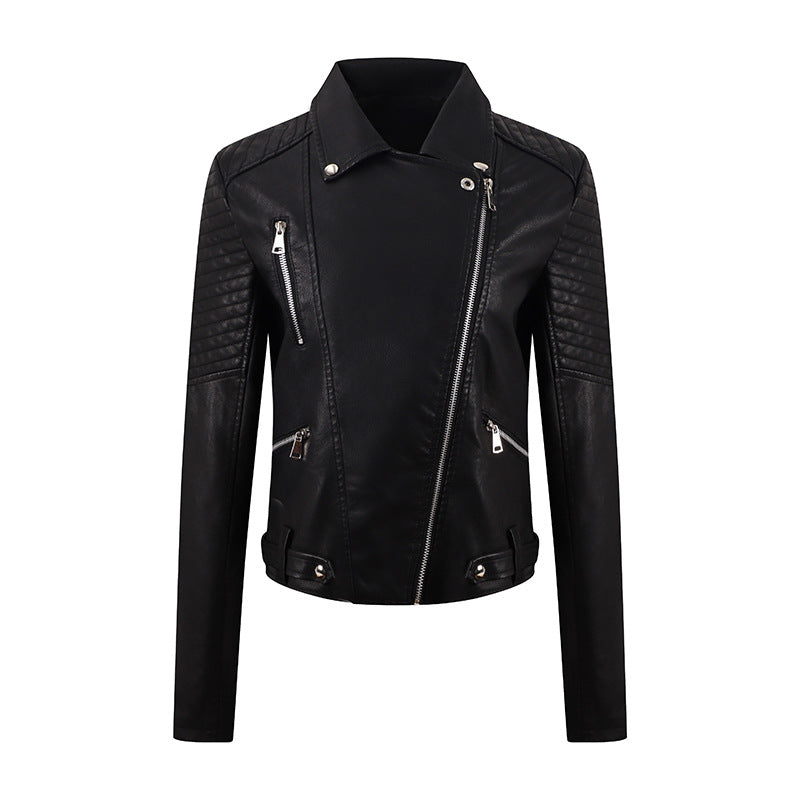 PU Femmes court en cuir Oblique Tir Slim vêtements de moto lavés veste en cuir