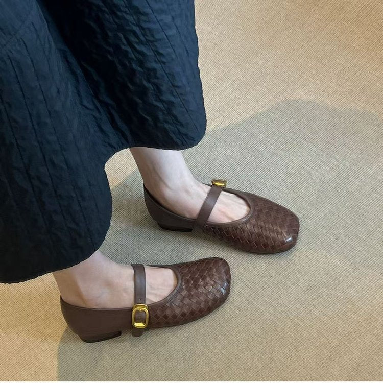 French Woven Shallow Bouche Mary Jane Petite Chaussures en Cuir Pour Célibataire Femme