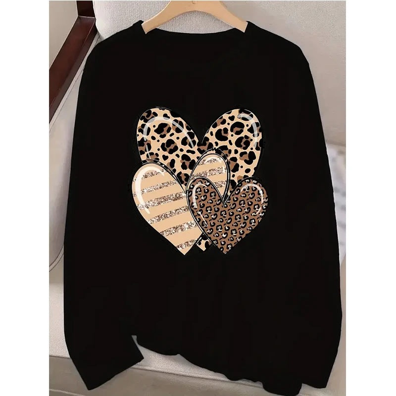 T-shirt Léopard imprimé et motif coeur brillant pour femme